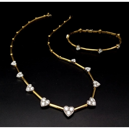 120 - A Gorgeous 18K Gold and Heart-Diamond Necklace and Bracelet Set. The necklace is decorated with grad... 