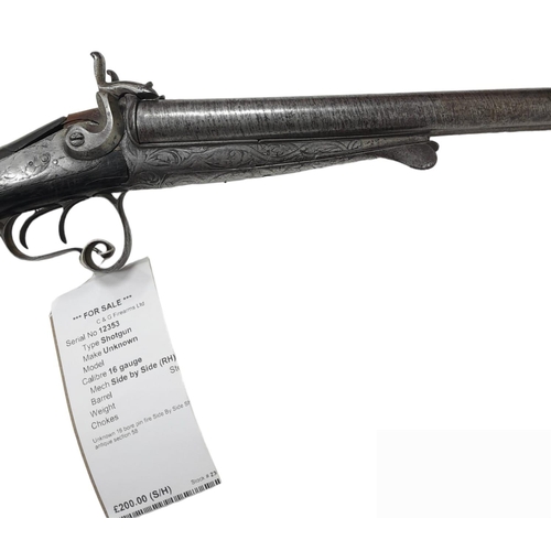 1544 - A 16 BORE PIN FIRE ANTIQUE SIDE BY SIDE DOUBLE BARRELED SHOTGUN WITH PATTERNED METALWORK  a/f