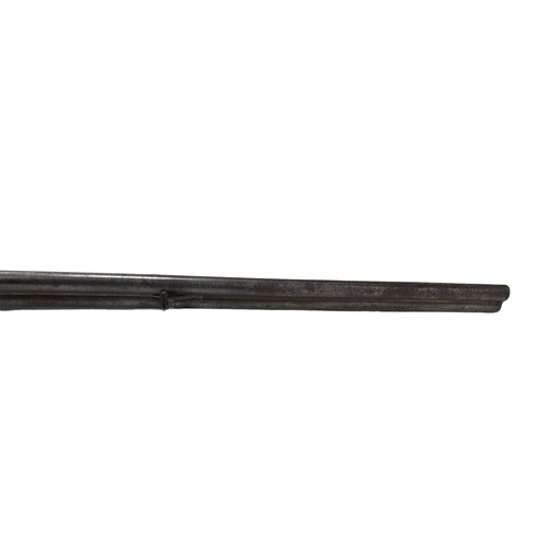 1544 - A 16 BORE PIN FIRE ANTIQUE SIDE BY SIDE DOUBLE BARRELED SHOTGUN WITH PATTERNED METALWORK  a/f