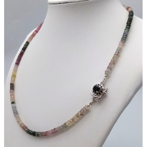 1079 - A 105ctw Multi-Coloured Sapphire Bead Necklace with Sapphire and 925 Silver Clasp. 40cm length. Bead... 