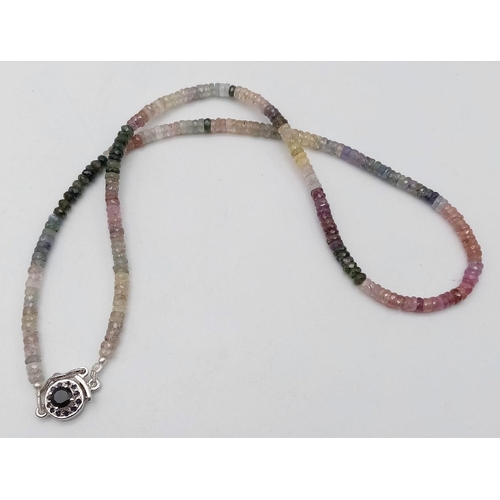 1079 - A 105ctw Multi-Coloured Sapphire Bead Necklace with Sapphire and 925 Silver Clasp. 40cm length. Bead... 