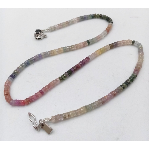 1079 - A 105ctw Multi-Coloured Sapphire Bead Necklace with Sapphire and 925 Silver Clasp. 40cm length. Bead... 