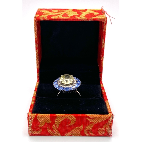 1157 - A Citrine, Kyanite and Diamond 925 Silver Ring. Central oval citrine with diamond and kyanite halos.... 