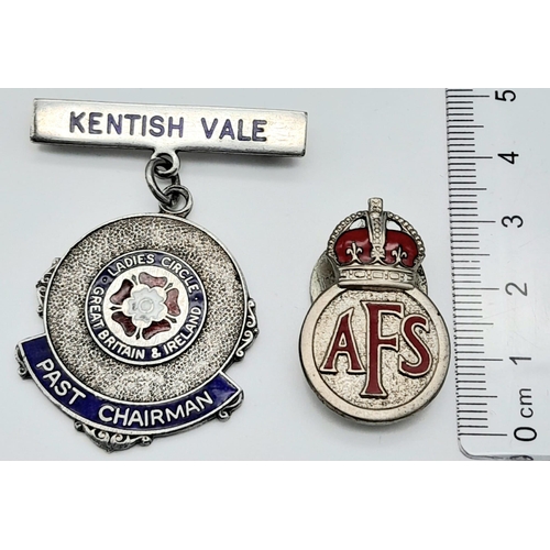 1394 - A parcel of two brooch badges. 
A WW2 World War Two Auxiliary Fire Service AFS and a Kentish Vale, P... 