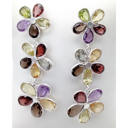 1452 - A Pair of Floral Sunshine Amethyst, Garnet and Citrine Drop Earrings. Set in 925 Silver. 10.65g tota... 