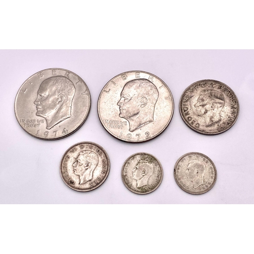 1704 - A parcel of historic coins.
2x Liberty One Dollar, USA 1972, 1974
1x Two Shillings, UK 1942
1x One S... 