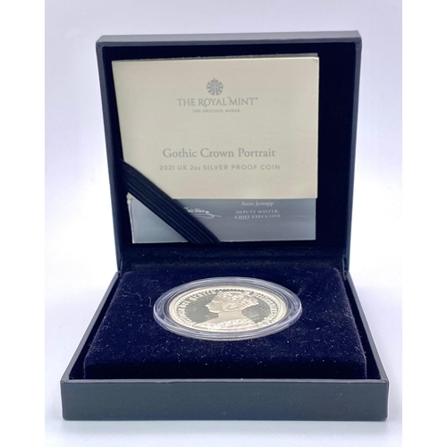 447 - Gothic Crown Portrait 2021 UK 2oz Silver Proof Coin.
Denomination: £5
Weight: 62.42g
Comes in presen... 