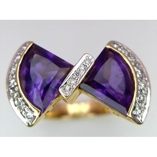 92 - A Fabulous 18K Yellow Gold, Diamond and Amethyst Ring. The perfect bow tie with deep purple amethyst... 