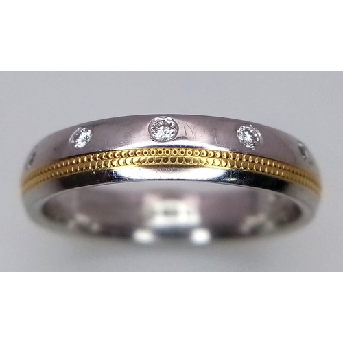 1000 - A Stylish 18K White and Yellow Gold, Diamond Half Eternity Ring. Size N. 5.2g total weight.