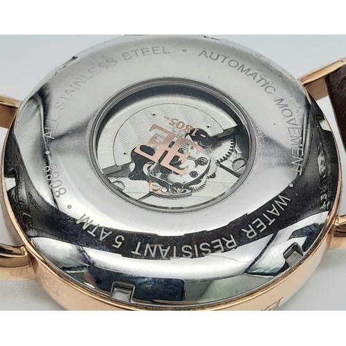 1311 - An Earnshaw Automatic Skeleton Gents Watch. Brown leather strap. Rose gold tone gilded case - 42mm. ... 