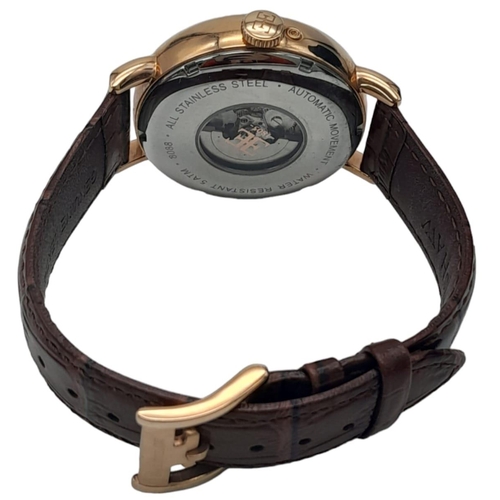 1311 - An Earnshaw Automatic Skeleton Gents Watch. Brown leather strap. Rose gold tone gilded case - 42mm. ... 