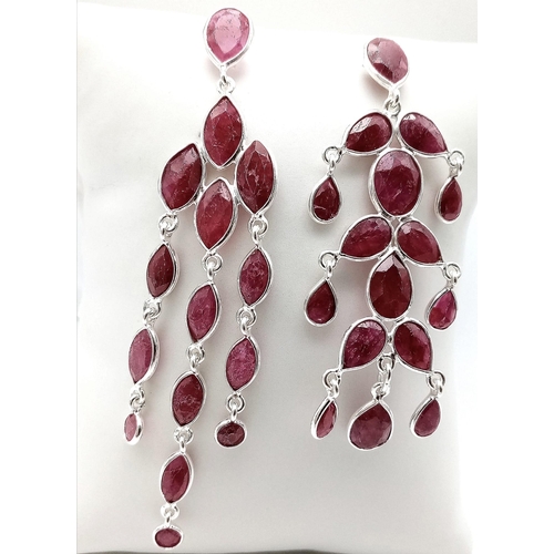 1419 - A Pair Ruby Gemstone Drop Earrings set in 925 Silver. 7cm drop. 10.43g total weight. Ref: CD - 988.