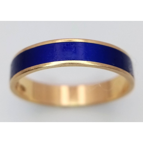 169 - A Very Chic 18K Yellow Gold and Blue Enamel Ring. Size P. 3.27g total weight.