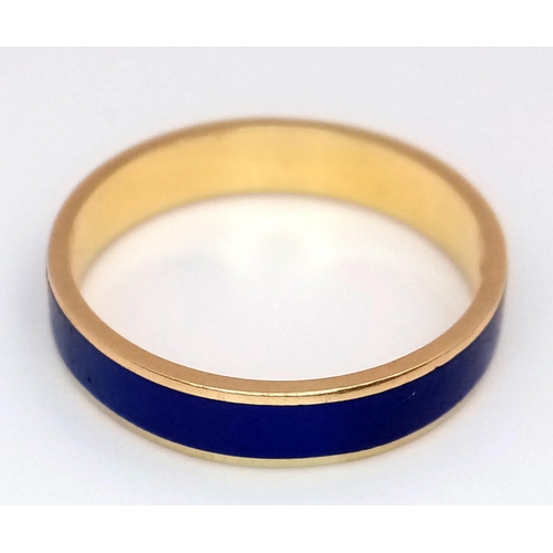 169 - A Very Chic 18K Yellow Gold and Blue Enamel Ring. Size P. 3.27g total weight.