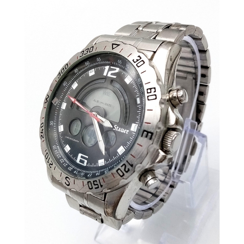 1694 - A Stauer Digital and Analogue Gents Quartz Watch. Stainless steel bracelet and case - 46mm. Black di... 