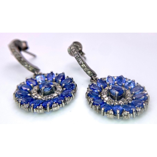 276 - A Pair of Circular Drop Kyanite and Diamond 925 Silver Earrings. 3.5cm drop. Diamonds- 0.56ctw. Kyan... 