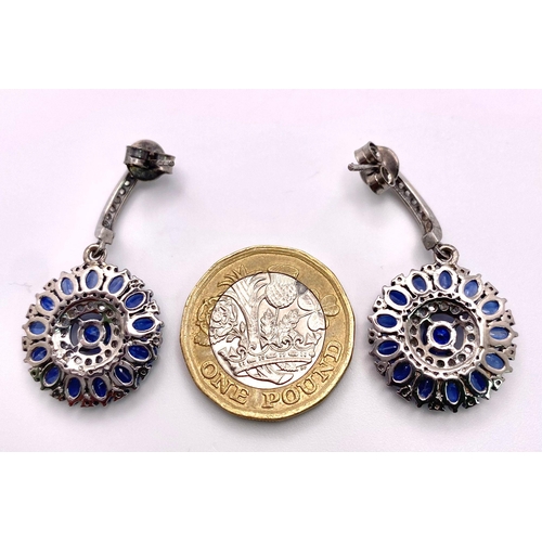 276 - A Pair of Circular Drop Kyanite and Diamond 925 Silver Earrings. 3.5cm drop. Diamonds- 0.56ctw. Kyan... 