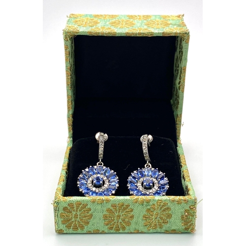 276 - A Pair of Circular Drop Kyanite and Diamond 925 Silver Earrings. 3.5cm drop. Diamonds- 0.56ctw. Kyan... 