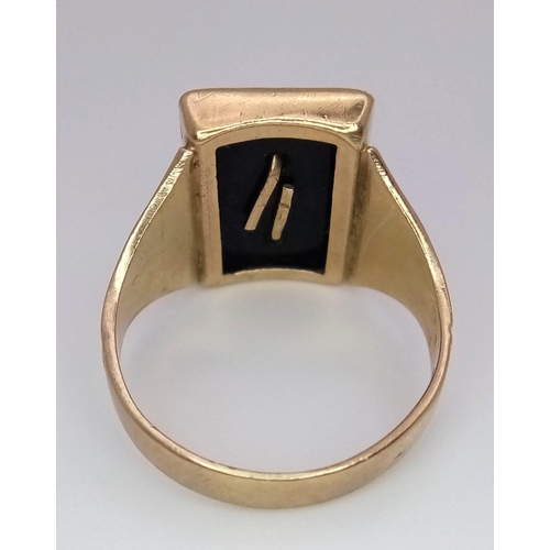 331 - A Vintage 9K Yellow Gold and Black Onyx Signet Ring. If your name or nickname (e.g. T-Bone) begins w... 