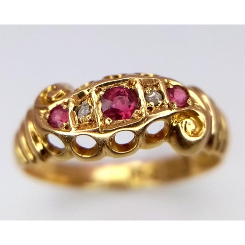 64 - A Rare Chester Hallmarked Antique 18K Yellow Gold, Ruby and Diamond Ring. Three rubies and two diamo... 