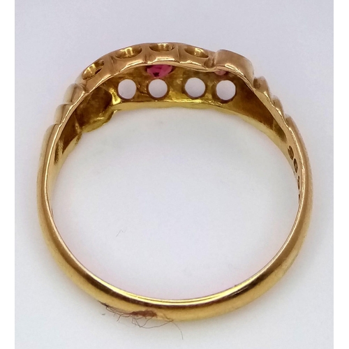 64 - A Rare Chester Hallmarked Antique 18K Yellow Gold, Ruby and Diamond Ring. Three rubies and two diamo... 