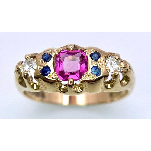 708 - A 9K Yellow Gold, Boat-style Ring set with a Ruby, two flanking Diamonds and 4 Sapphire gems. Comes ... 