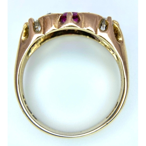 708 - A 9K Yellow Gold, Boat-style Ring set with a Ruby, two flanking Diamonds and 4 Sapphire gems. Comes ... 