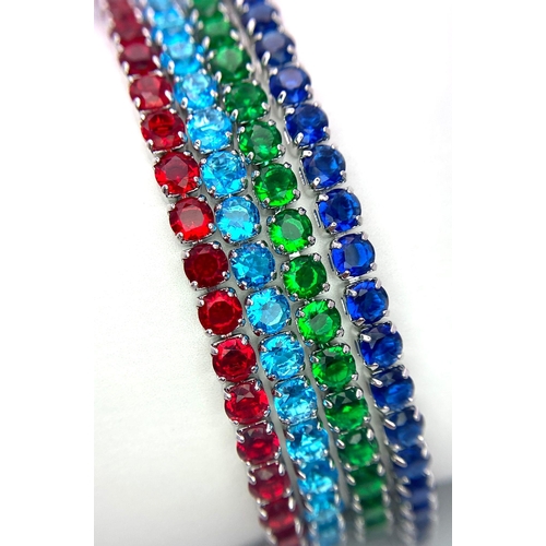 1134 - Four Different Colourful CZ Tennis Bracelets - Emerald green, Ruby red, Aquamarine Blue and Sapphire... 