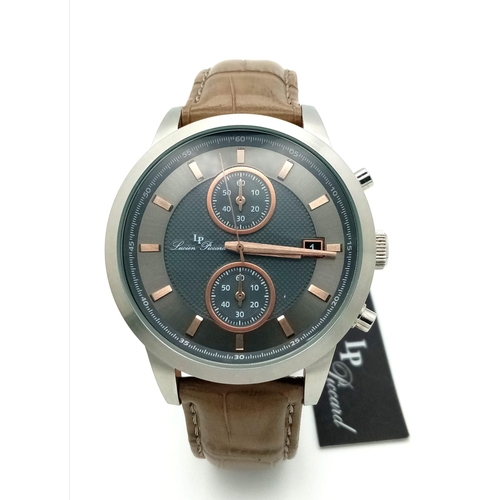 1320 - A Lucien Piccard Chronograph Gents Watch. Brown leather strap. Stainless steel case - 42mm. Metallic... 