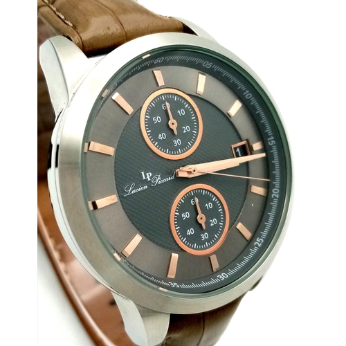 1320 - A Lucien Piccard Chronograph Gents Watch. Brown leather strap. Stainless steel case - 42mm. Metallic... 