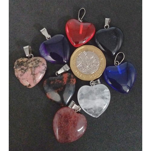 1462 - Eight Different Gemstone Heart Pendants. 3cm