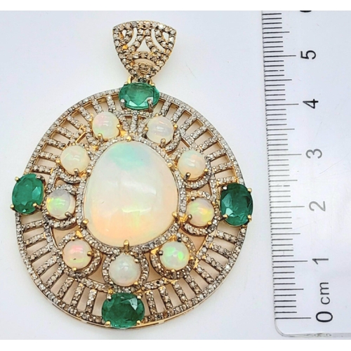 72 - A Fancy Opal, Diamond and Emerald Pendant with a Detachable Green Garnet Necklace. Centre opal with ... 