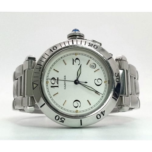 677 - A CARTIER PASHA STAINLESS STEEL AUTOMATIC WATCH WITH STAINLESS STEEL STRAP , WHITE DIAL  39mm