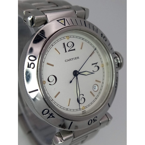 677 - A CARTIER PASHA STAINLESS STEEL AUTOMATIC WATCH WITH STAINLESS STEEL STRAP , WHITE DIAL  39mm