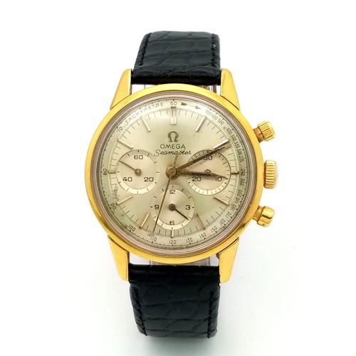 605 - A Superb Vintage 1960s Omega Seamaster Chronograph Gents Watch. Black leather strap. Gilded case - 3... 