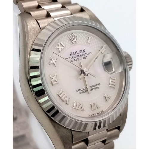 612 - A LADIES ROLEX 18K WHITE GOLD OYSTER PERPETUAL DATEJUST WITH UNUSUAL PATTERNED DIAL , ROMAN NUMERALS... 