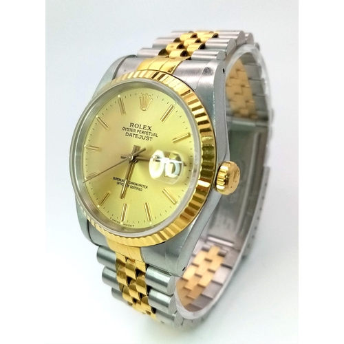 543 - THE CLASSIC ROLEX OYSTER PERPETUAL DATEJUST IN BI-METAL WITH GOLDTONE DIAL .   36mm