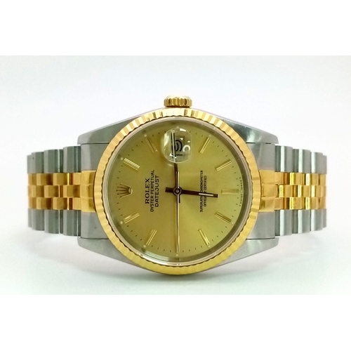 543 - THE CLASSIC ROLEX OYSTER PERPETUAL DATEJUST IN BI-METAL WITH GOLDTONE DIAL .   36mm