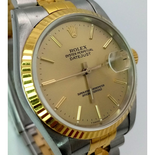 543 - THE CLASSIC ROLEX OYSTER PERPETUAL DATEJUST IN BI-METAL WITH GOLDTONE DIAL .   36mm