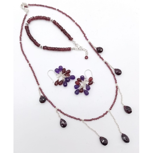 1060 - A Trio of Garnet Jewellery -  Necklace with drops - 44cm.  Garnet rondelle bracelet - 16cm and drop ... 