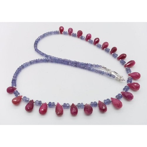 1144 - A Small Bead Tanzanite Necklace with Ruby Drops. 925 Silver Clasp. 44cm. Ref: CD-1019