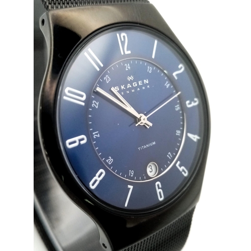 1451 - A Skagen of Denmark Quartz Gents Watch. Black stainless steel strap and case - 37mm. Black dial with... 