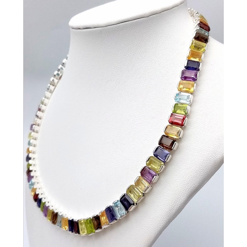 148 - A Rainbow Gemstone Tennis Necklace! Rectangular cuts of: Citrine, Garnet, Blue Topaz and Peridots! F... 