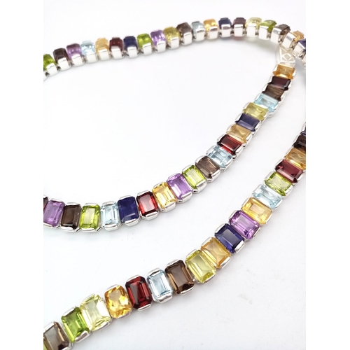 148 - A Rainbow Gemstone Tennis Necklace! Rectangular cuts of: Citrine, Garnet, Blue Topaz and Peridots! F... 