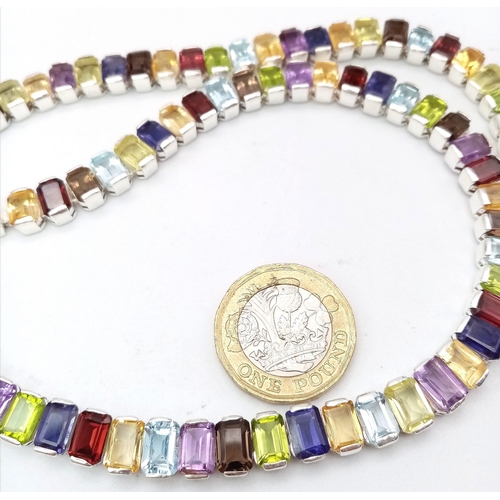 148 - A Rainbow Gemstone Tennis Necklace! Rectangular cuts of: Citrine, Garnet, Blue Topaz and Peridots! F... 