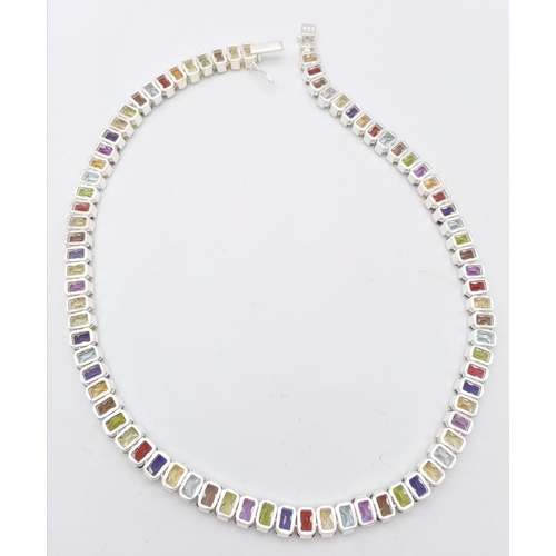 148 - A Rainbow Gemstone Tennis Necklace! Rectangular cuts of: Citrine, Garnet, Blue Topaz and Peridots! F... 