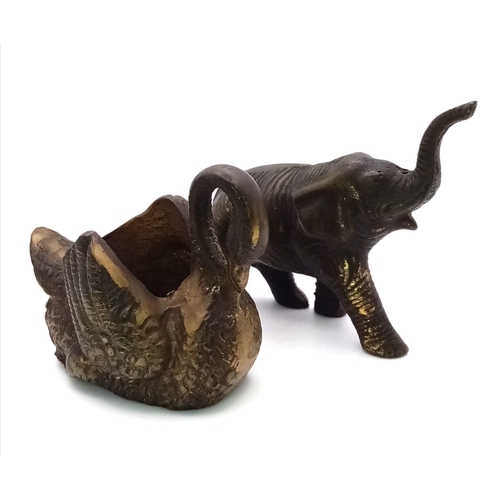 1500 - Two Small Vintage Brass Animal Figures. An Elephant and Swan - Both with wonderful patinas. Elephant... 