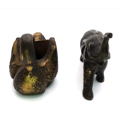 1500 - Two Small Vintage Brass Animal Figures. An Elephant and Swan - Both with wonderful patinas. Elephant... 