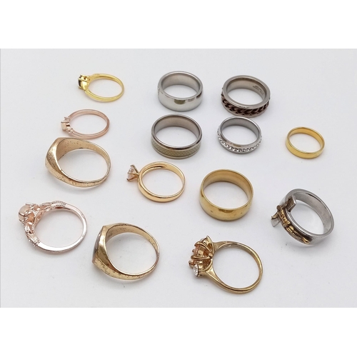 1569 - 14 Different Style Decorative Rings in Larger Sizes. Set in white and gilded metal.