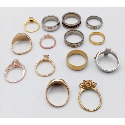 1569 - 14 Different Style Decorative Rings in Larger Sizes. Set in white and gilded metal.